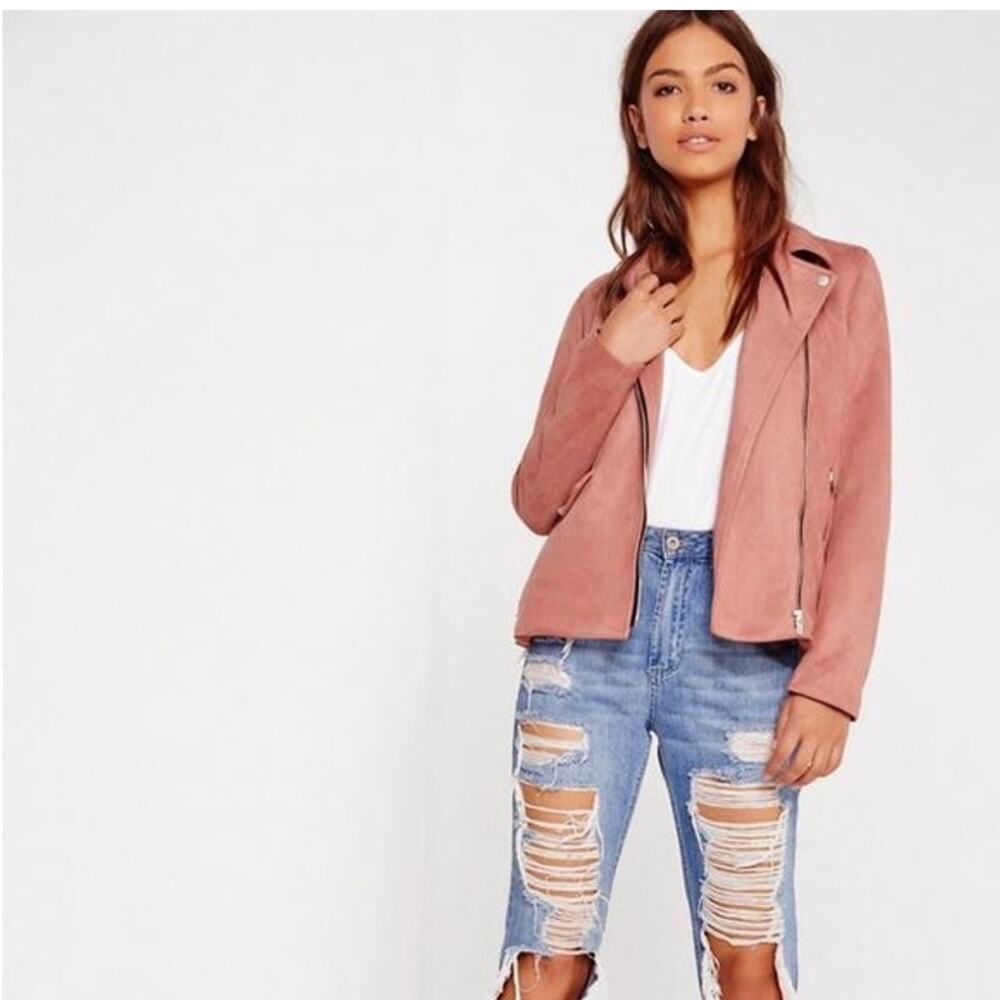 Missguided Faux-suede Moto Biker Jacket Size 6 Dusty Pink